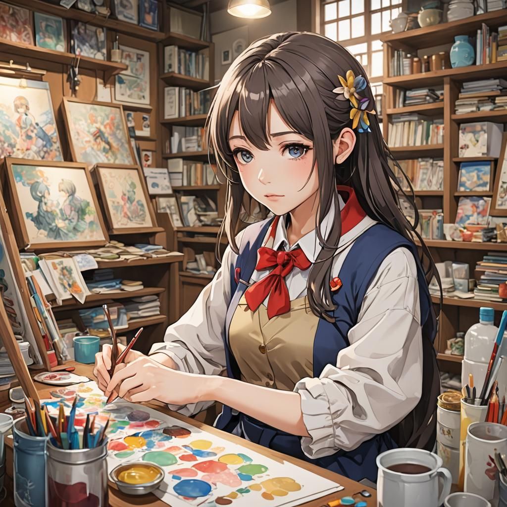 Anime Girl Creating Art in Manga Style