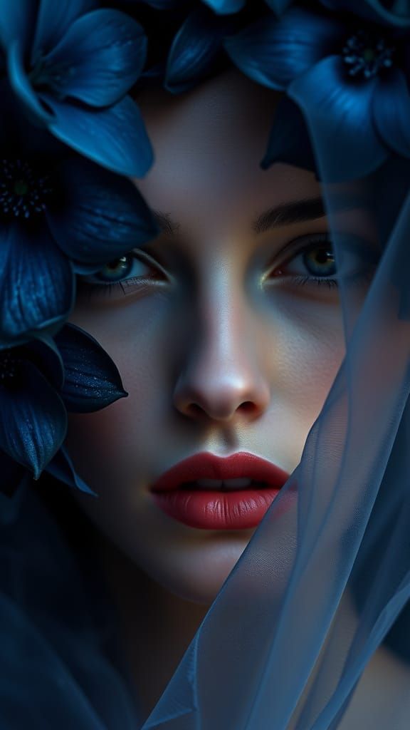Enchanting Portrait of a Woman in Deep Blue and Black Floral...