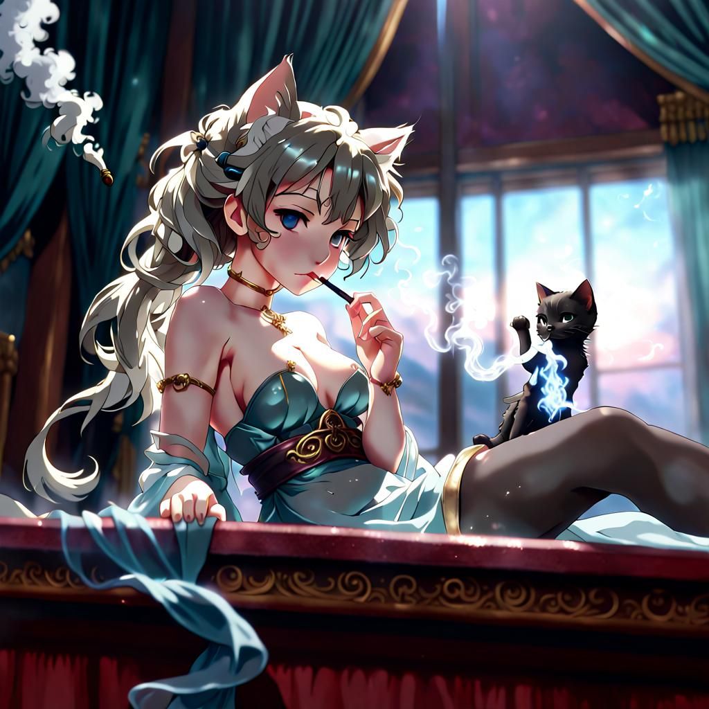 Kitten Courtesan Smoking Pipe in Bordello