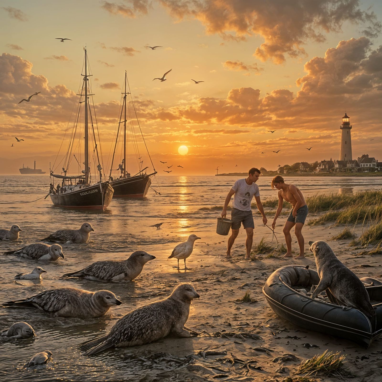 Sunset Over Wadden Sea with Seals and Sailboats