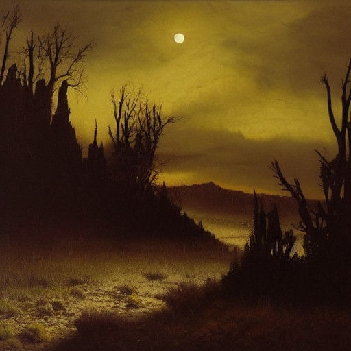 Eerie Amber Landscape Painting in Ominous Albert Bierstadt S...