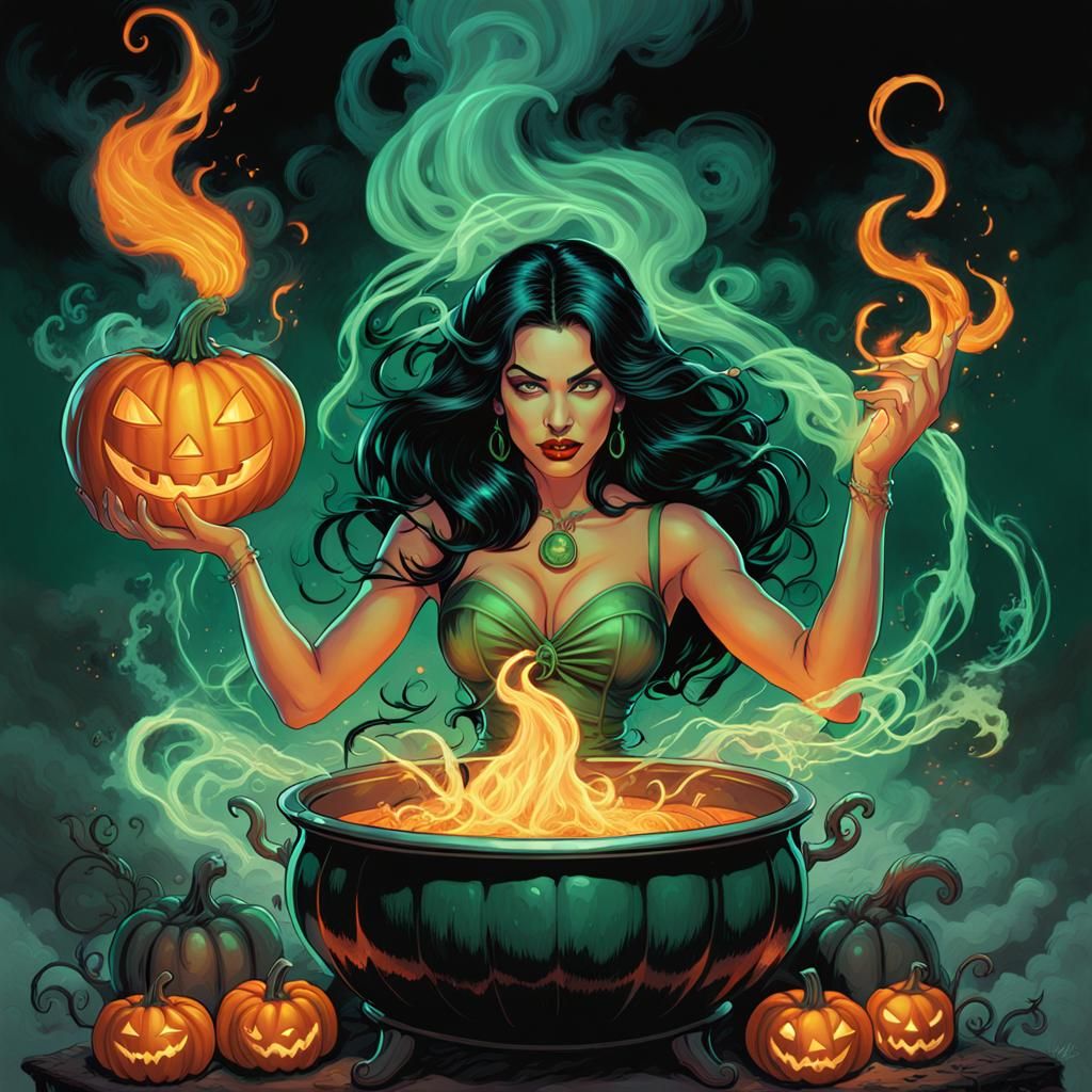 Latina Witch with Flaming Pumpkin, Comic Book Art