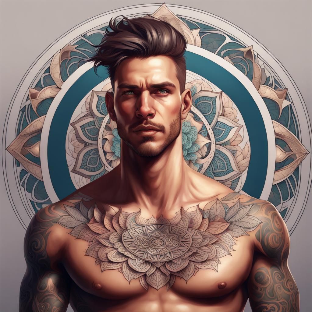 Attractive Man with Mandala Tattoo: Hyperdetailed Portrait
