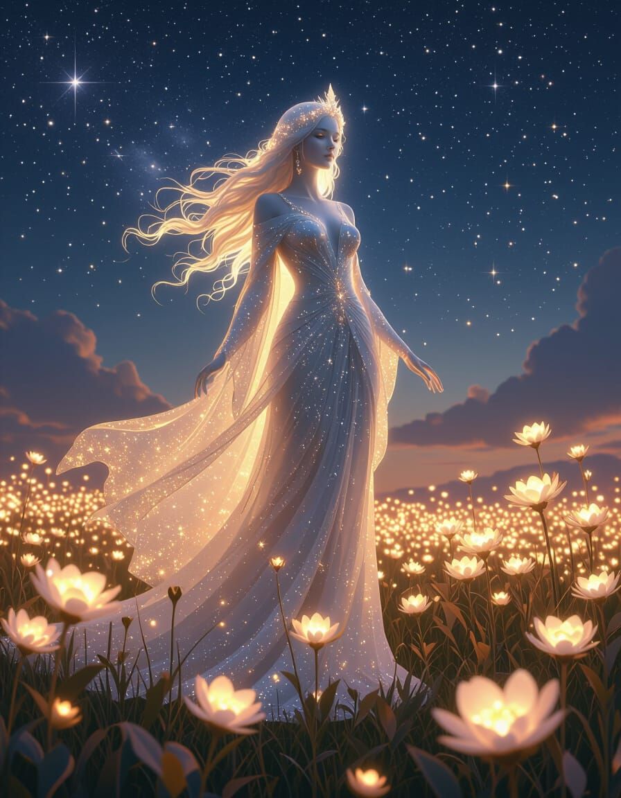 Celestial Goddess in Ethereal Flower Field