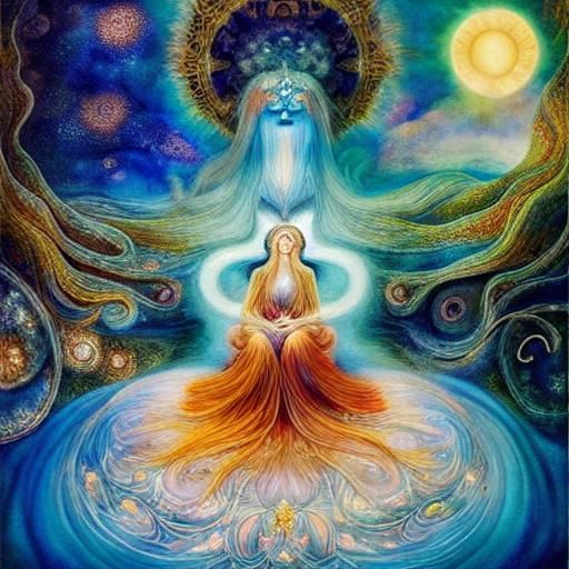 Surreal Woman and Celestial Bed in Watercolor