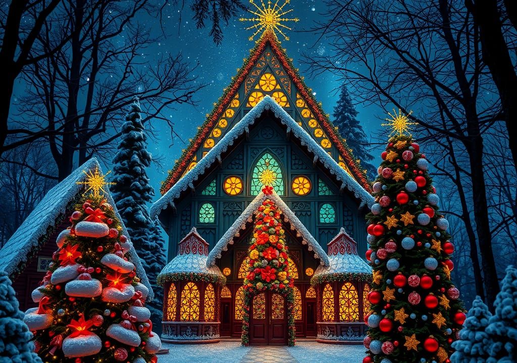 Klimt-Style Christmas Chapel with Rainforest Reflection