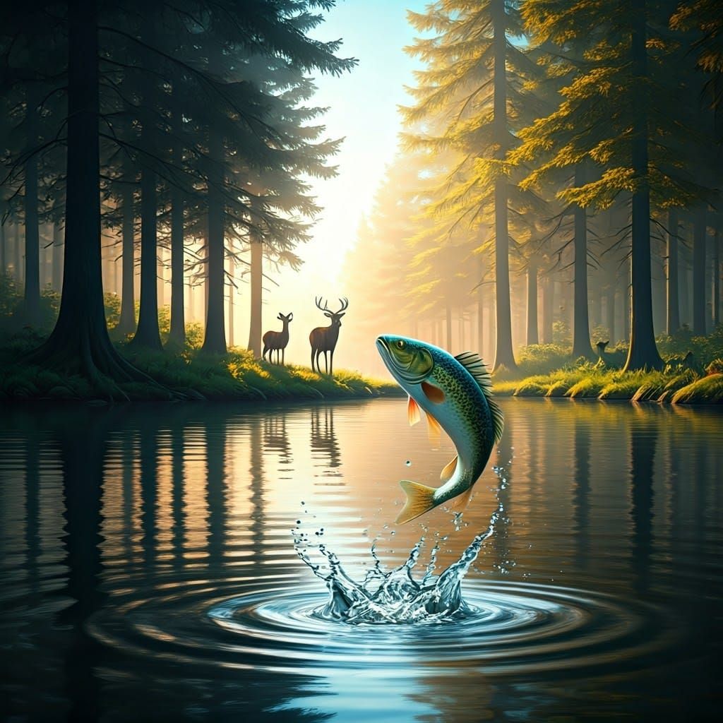 Photorealistic Fish Leaps from Forest Pond in 3D