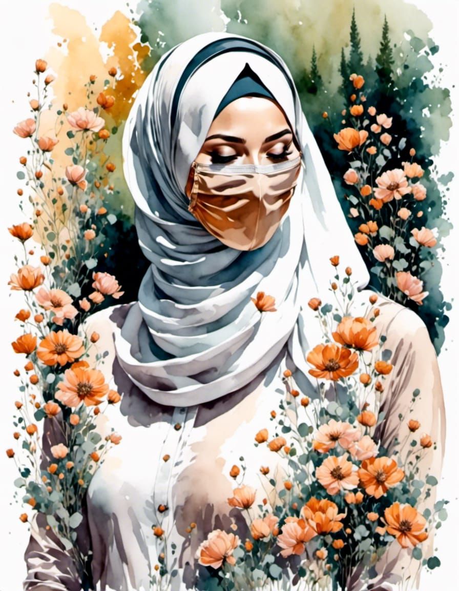 European Woman in Hijab and Facemask, Watercolor Style