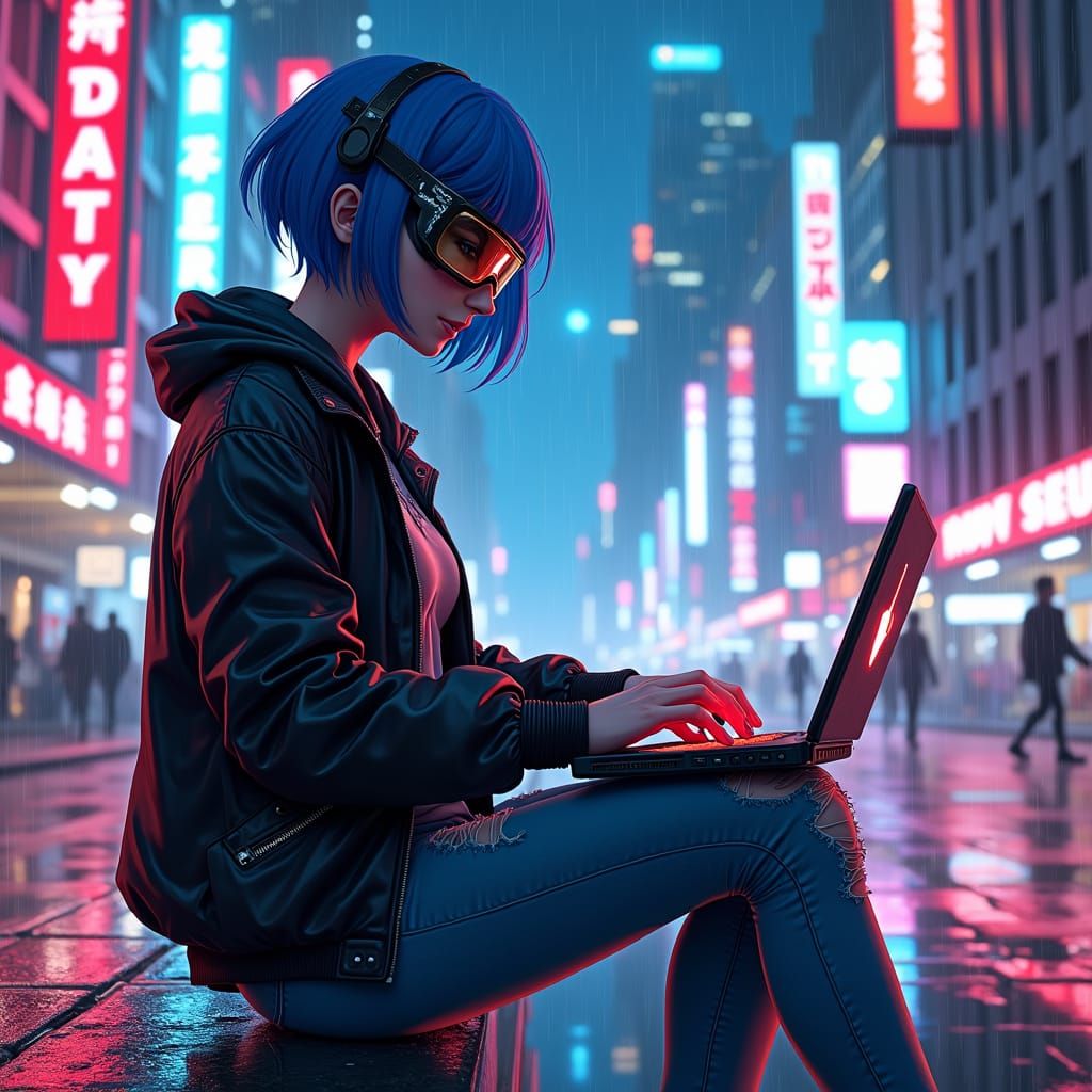 Cyberpunk Anime Girl Typing in Neon City