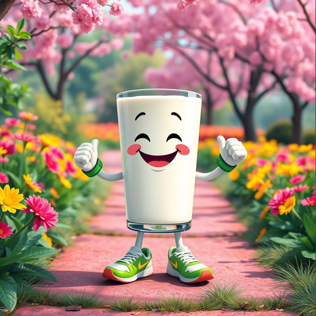 Vibrant Cartoon Milk Character Exercises in a Park