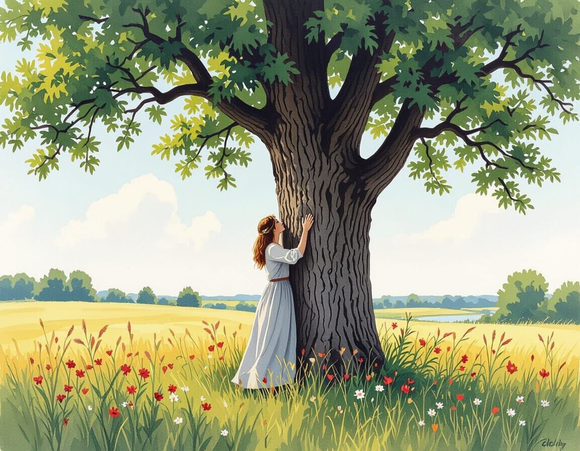 Woman Embracing Oak Tree in Watercolor Field