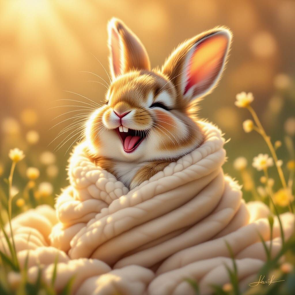 Joyful Fluffy Bunny Laughing in Sunny Backdrop