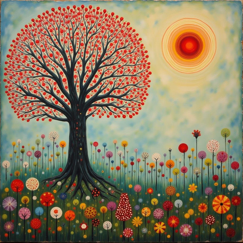 Encaustic Painting of a Tree in a Flower Field