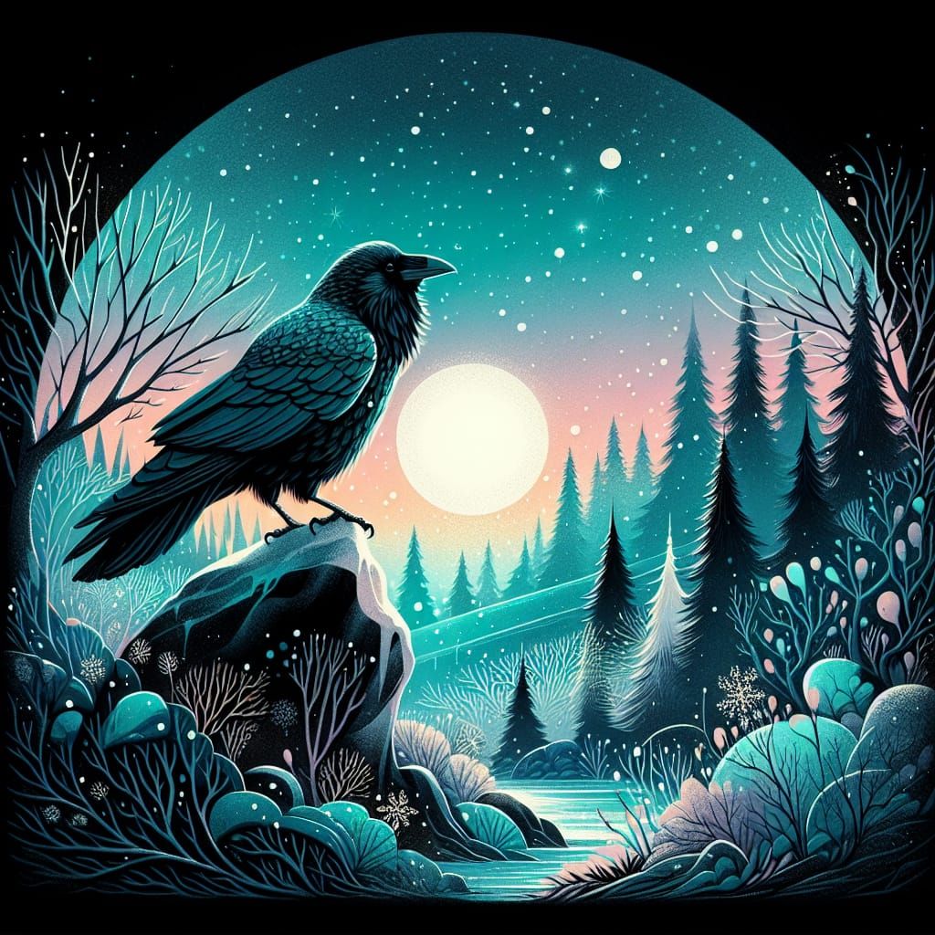 Cyan Forest Moonscape with Crow in Watercolor Art