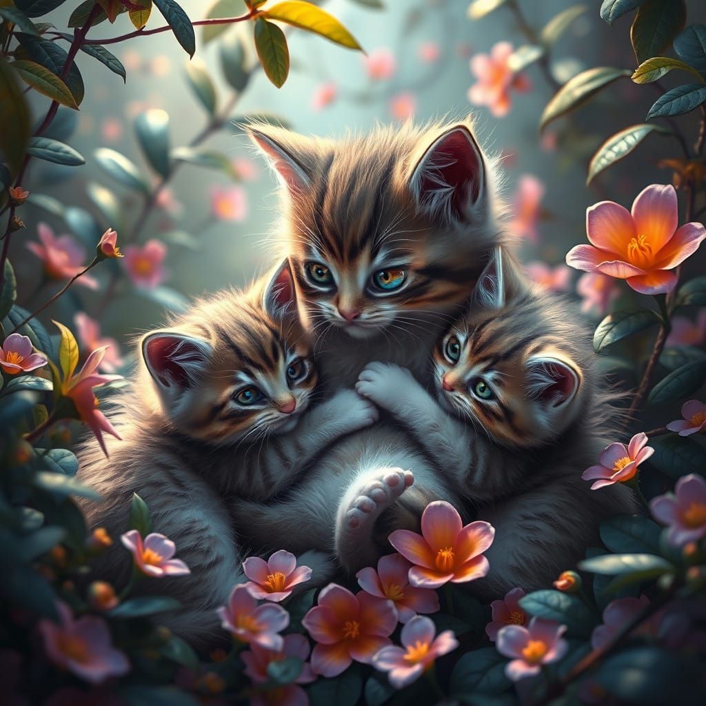 Dreamlike Whimsy of Mother Kittens in Lush Forest