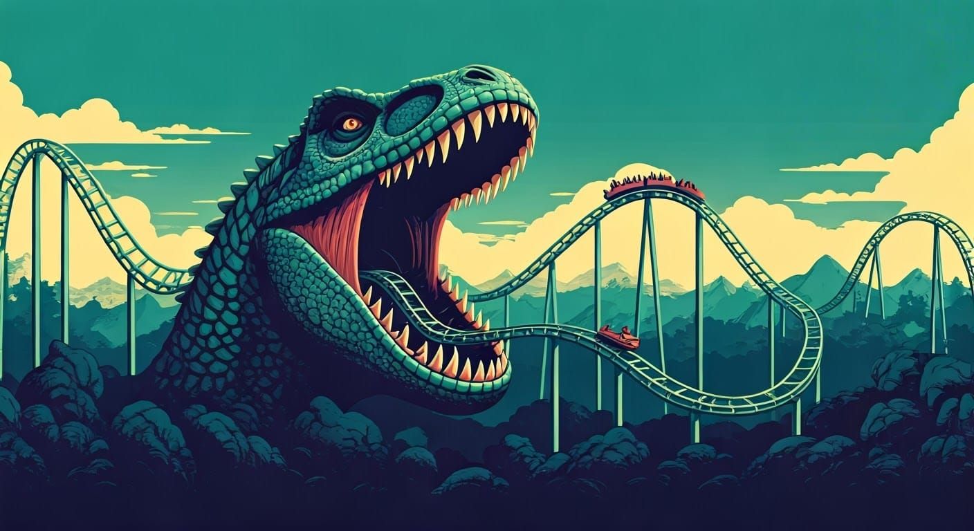 Dinosaur Roller Coaster Ride: Minimalist Cartoon Poster