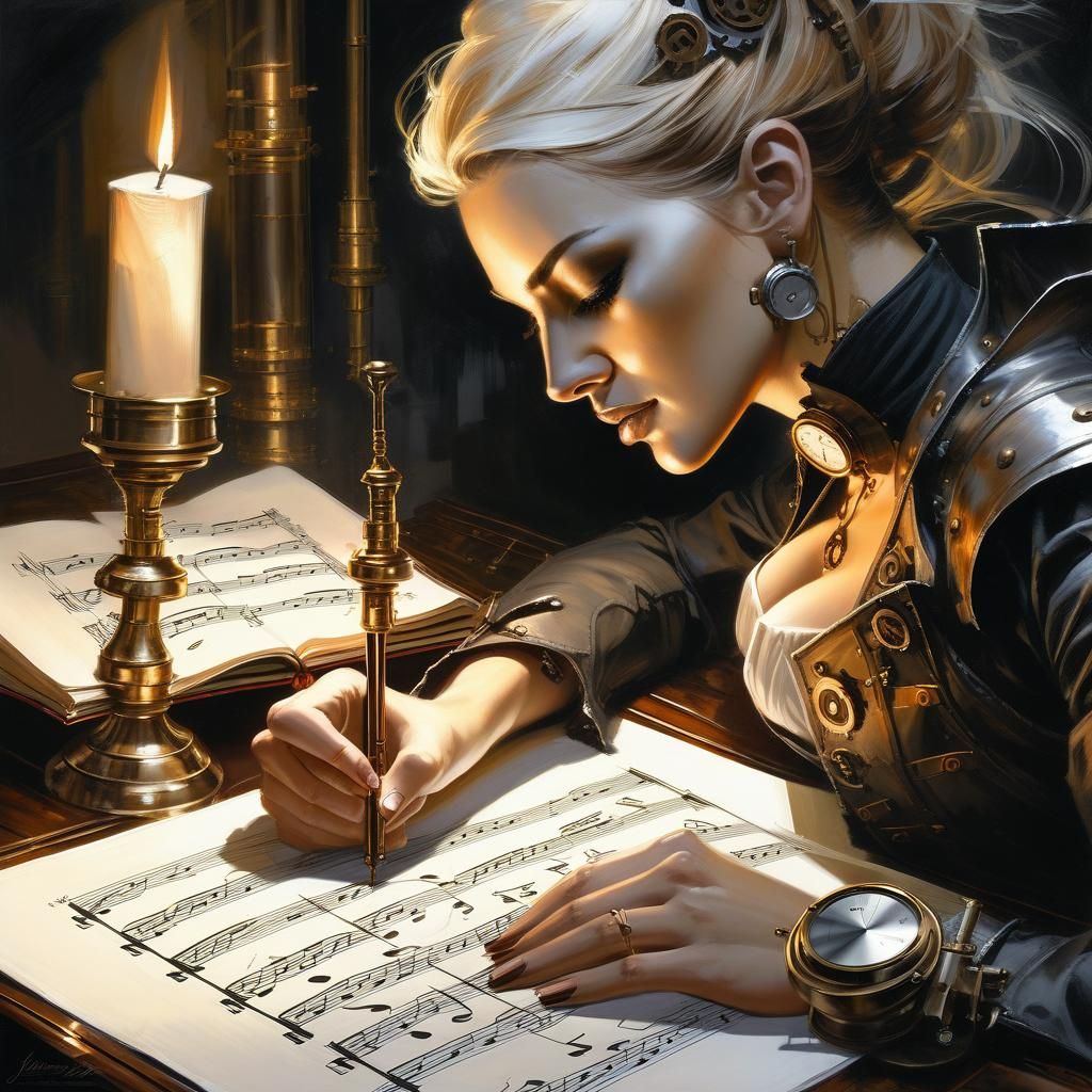 Steampunk Woman Writes Music With Calligraphy Pen