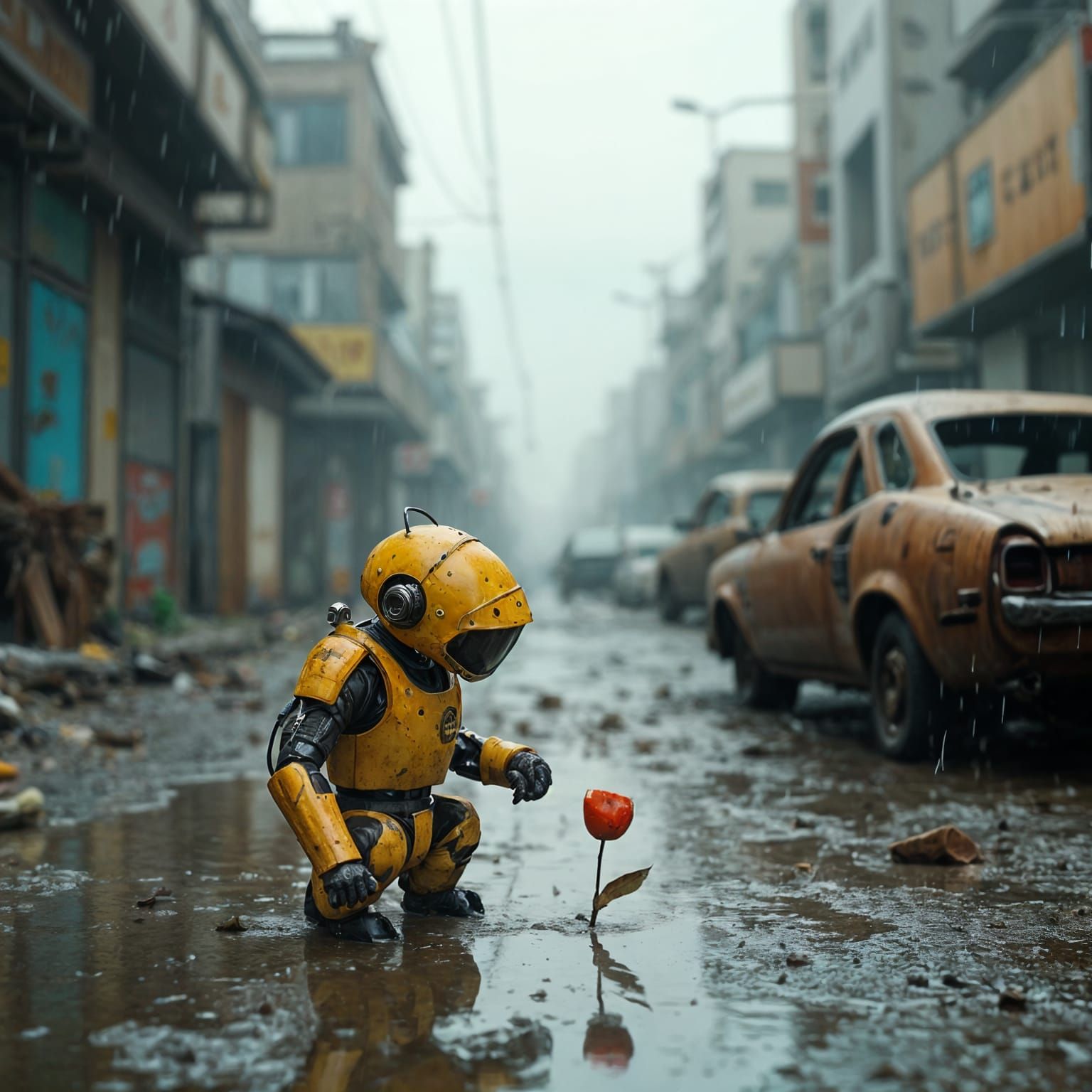 Retro-Futuristic Robot Observes Flower in Apocalyptic Rain