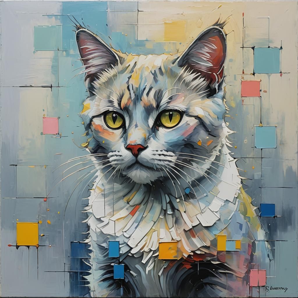 Abstract Cat in Mondrian Style with Soft Gradients