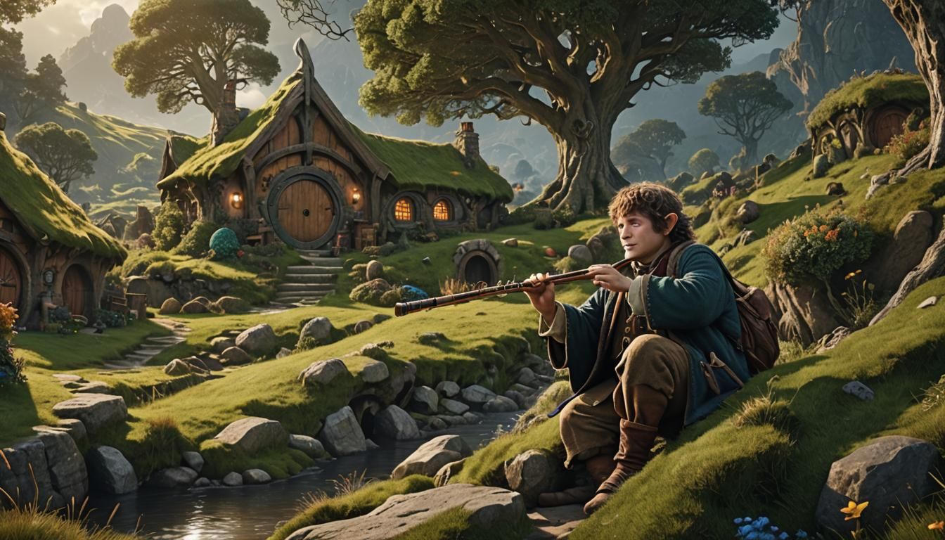 Hobbit Playing Flute in Shire: Fantasy Concept Art