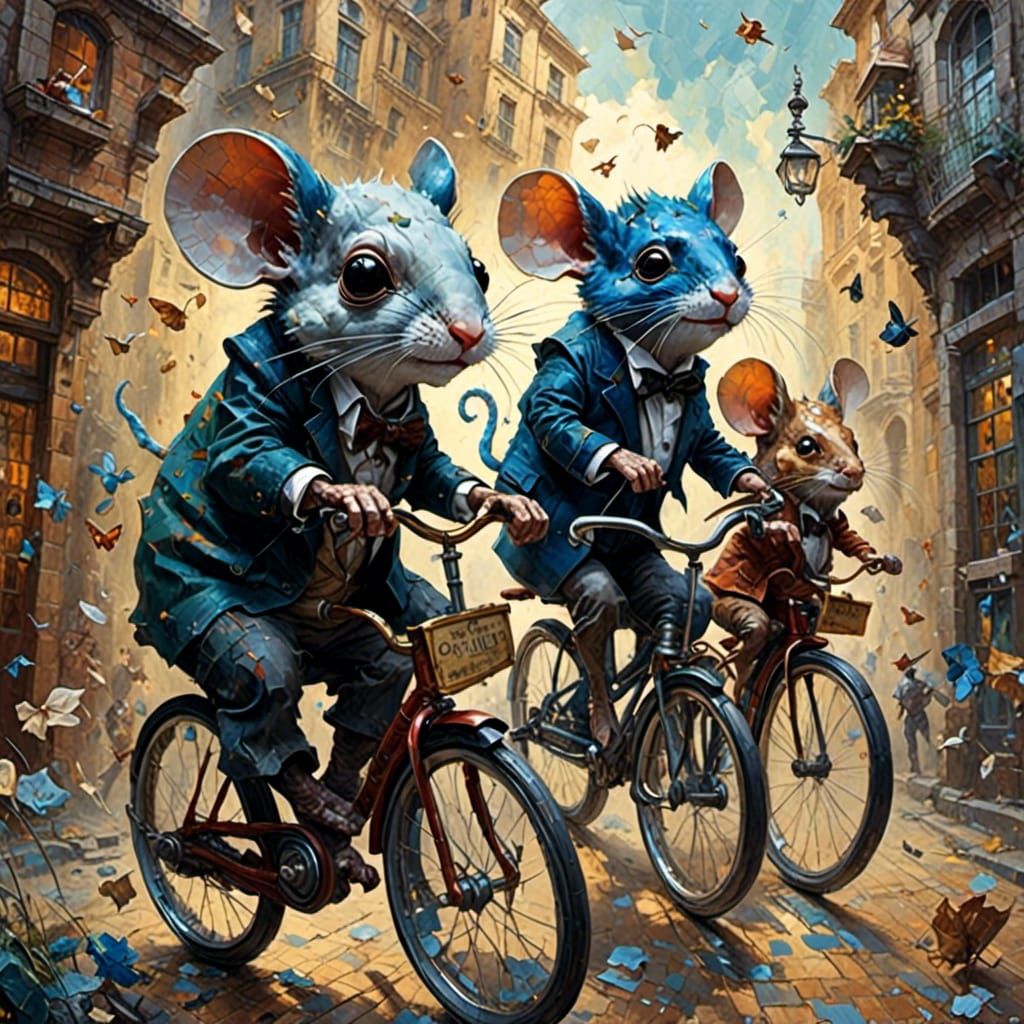 <lora:Impasto Painting:1.0> mice riding bike, Chuck Close, D...