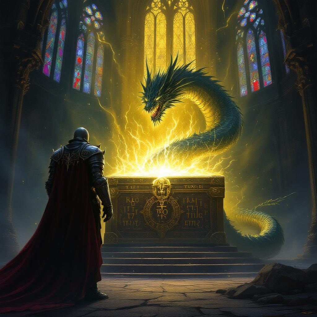 Gothic Knight Guarding Rune-Inscribed Treasure Chest