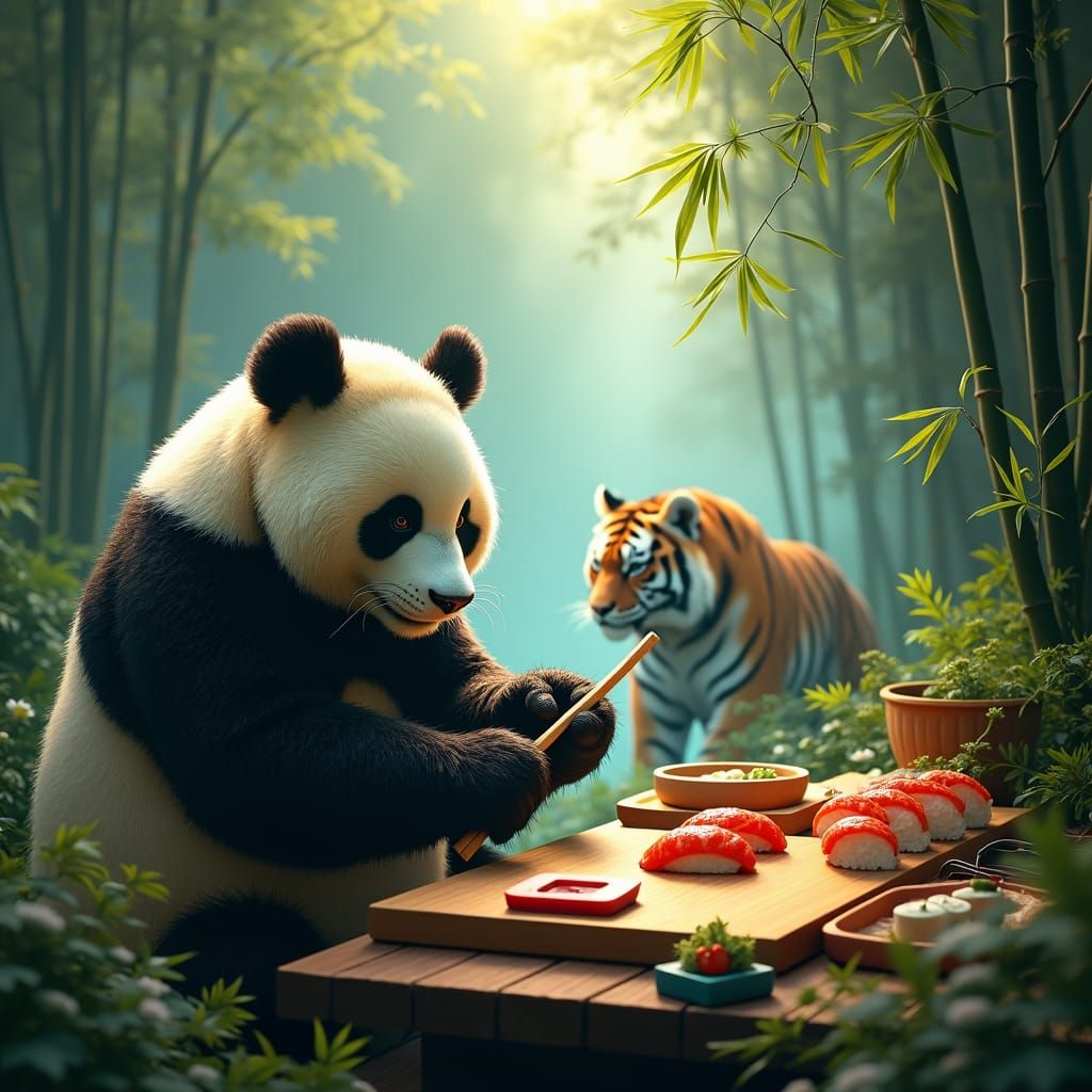Panda Makes Sushi as Tiger Creeps In