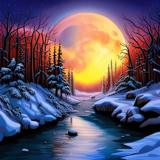 Winter Woods Full Moon Creek Hyperrealistic Splash Art