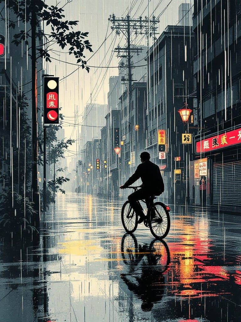 Moody Urban Cyclist in Rainy Cityscape