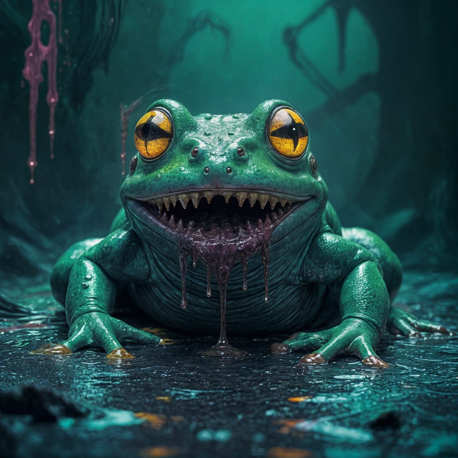 Grotesque Frog Monster Transformation in Surreal Horror Styl...