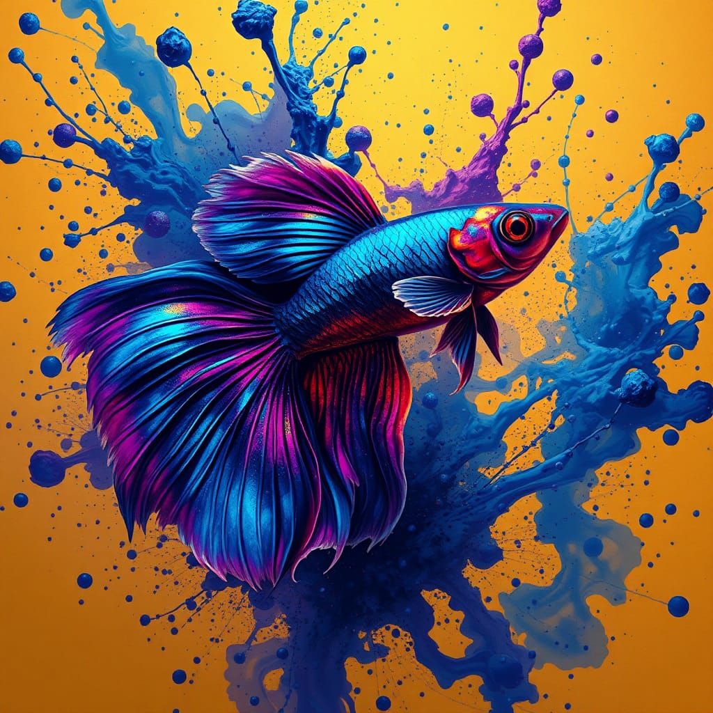 Vibrant Guppy Fish in Ink Splatter Explosion