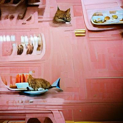Cat Eating Tuna in Wes Anderson Style