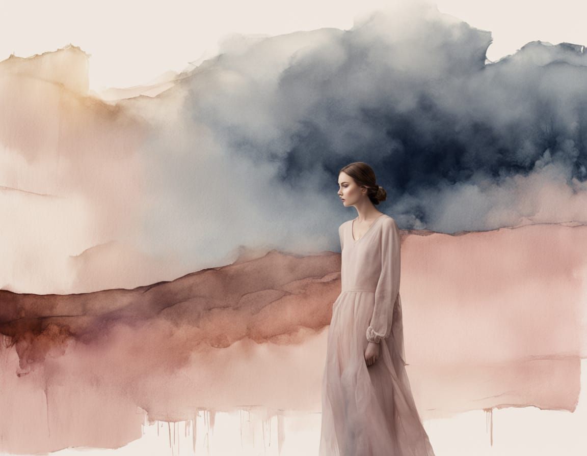 Woman in Flowing Dress in Rothko Style Watercolor