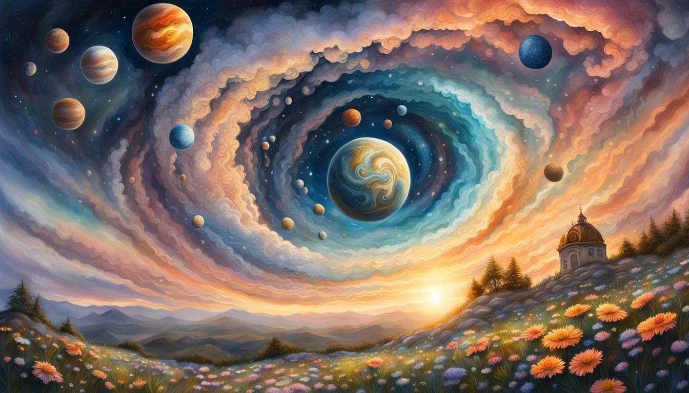 Planets on Flower Hill at Sunset in Oil Painting Style