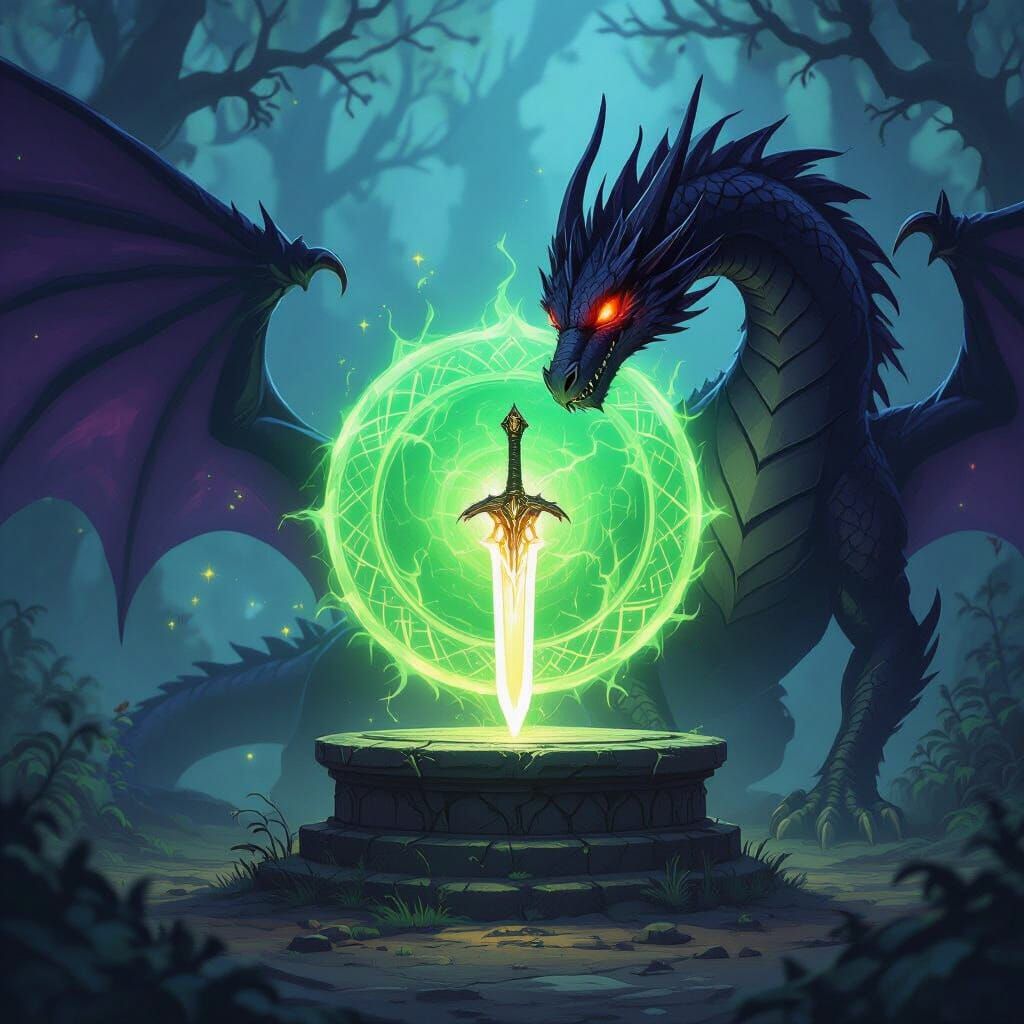 Dragon Recoils From Zenith Sword Shield in Dark Fantasy