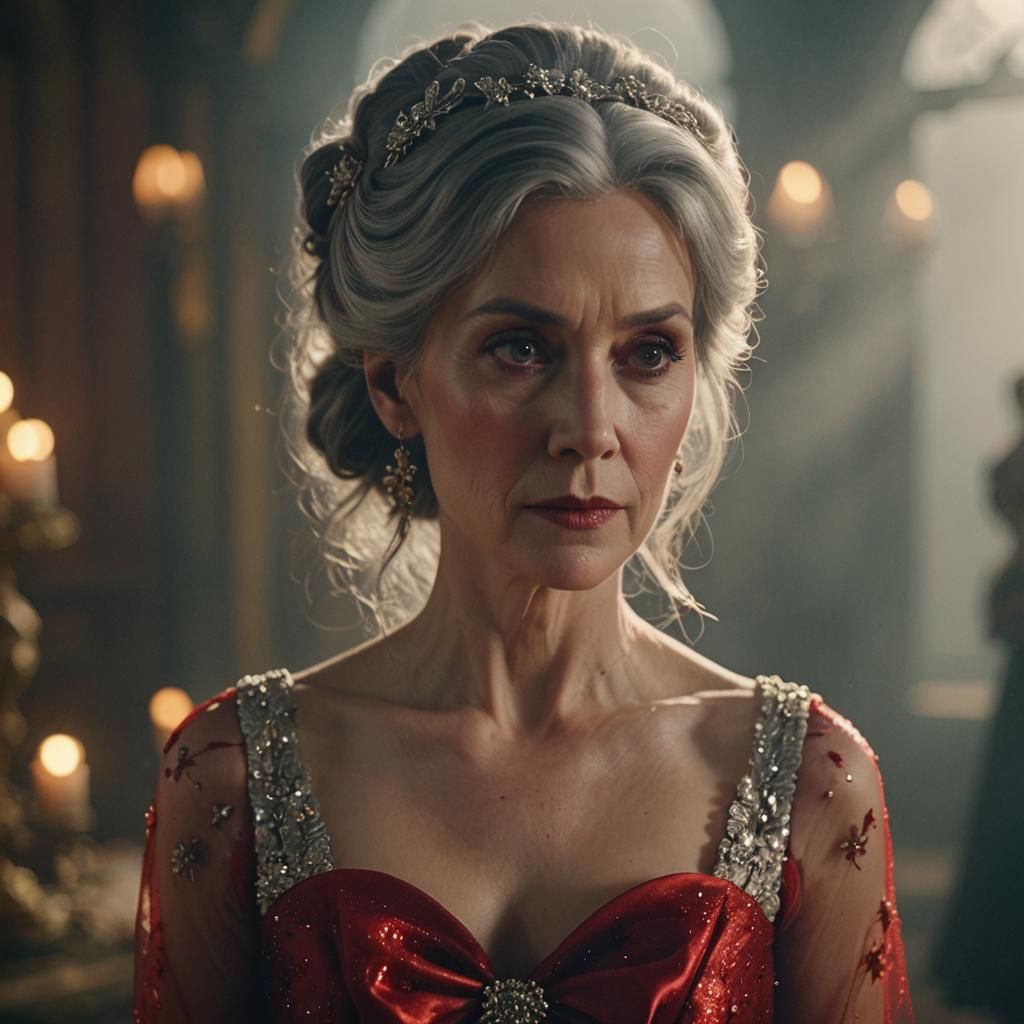 Woman with Grey Hair in Red Dress: Cinematic Glamour