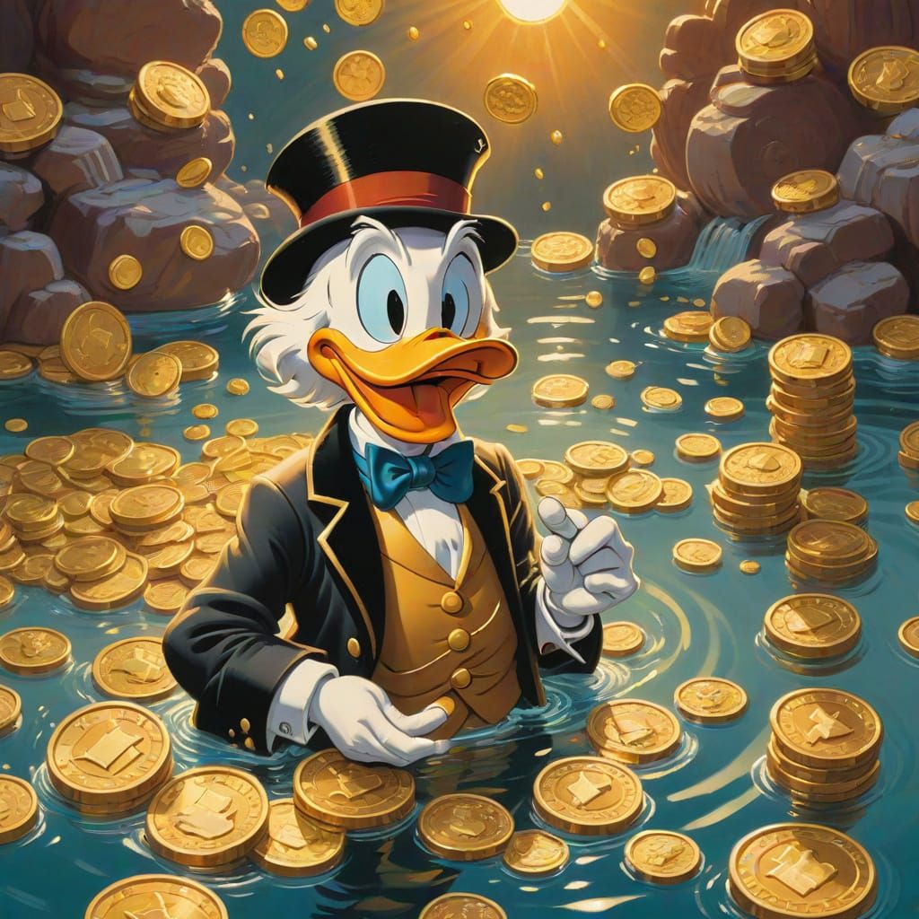 Scrooge McDuck Swimming in Gold Coins, Gouache Painting