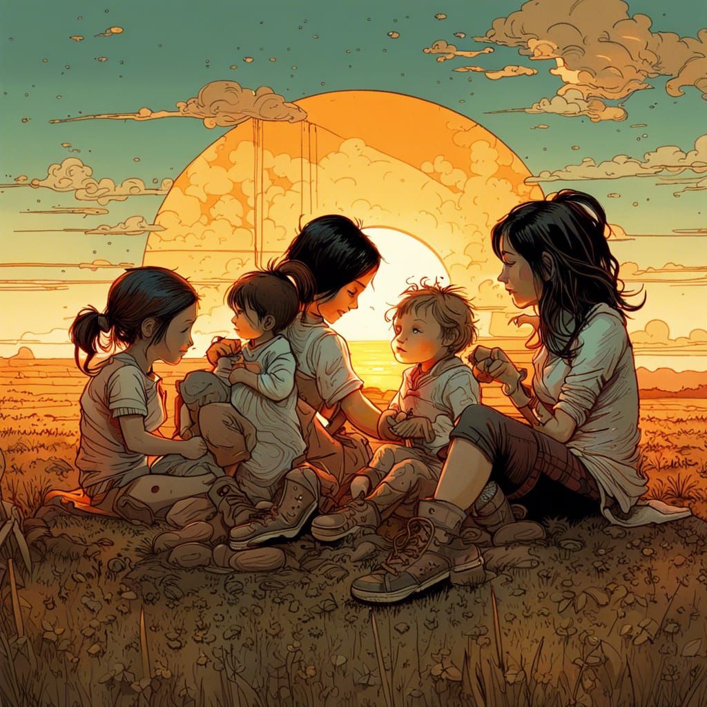Woman with Toddlers in Sunset Field: Digital Art