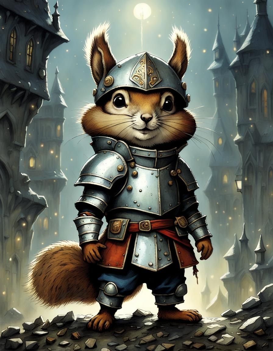 Tiny cute and adorable squirrel adventurer dressed in fantasy armour