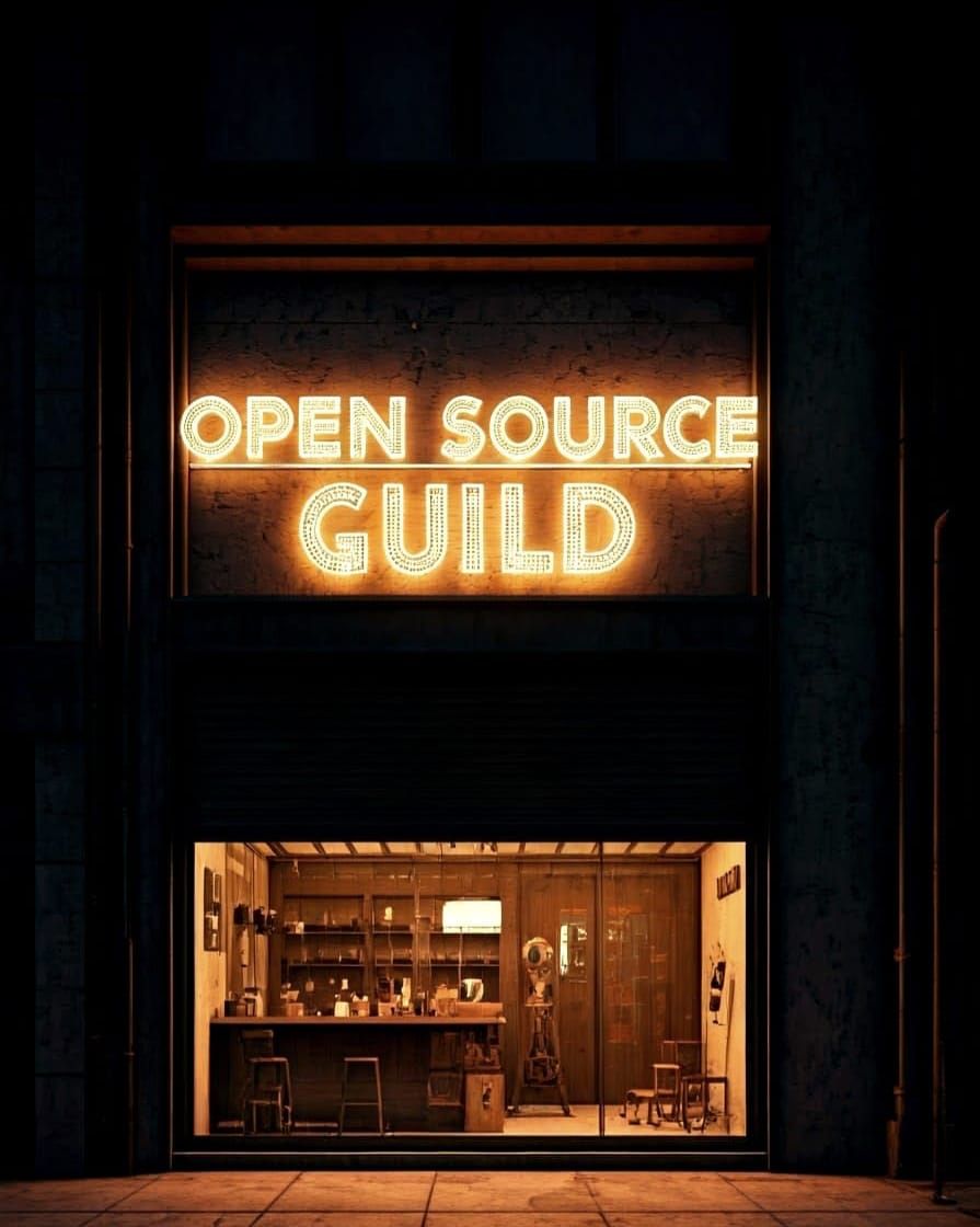 Futuristic Storefront with Illuminated Open Source Guild Sig...