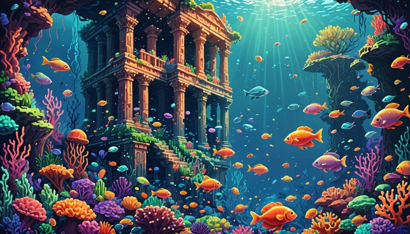 Vibrant Pixel Art Underwater Scene with Coral Reefs