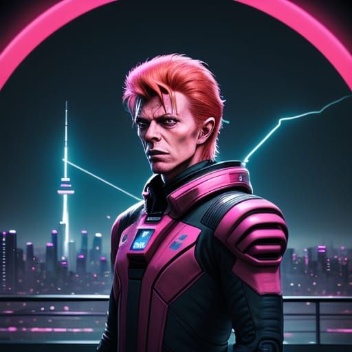 Futuristic David Bowie in Neon Sci-Fi Cityscape