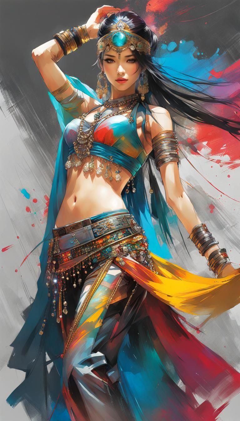 Aetherpunk Belly Dancer in Anime Sketch Style