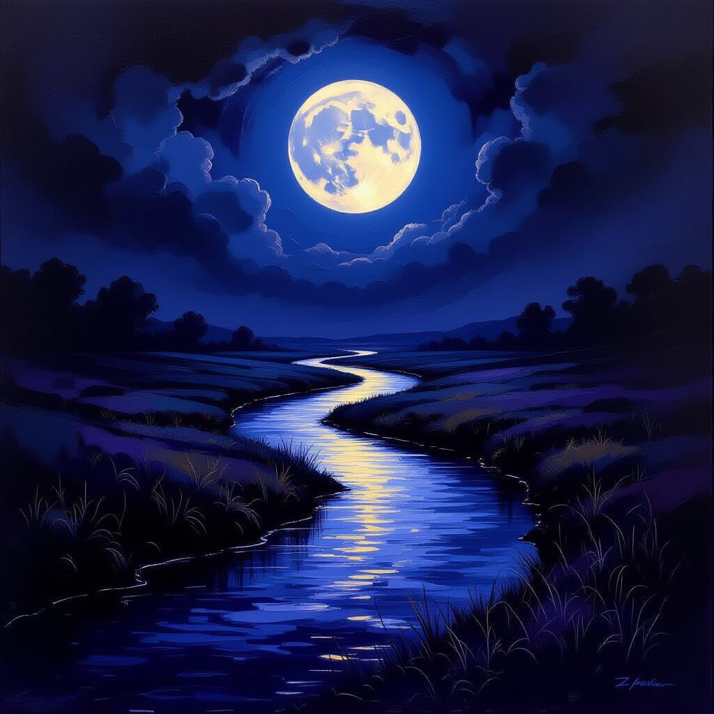Mystical River Landscape in Midnight Purple and Black Oil