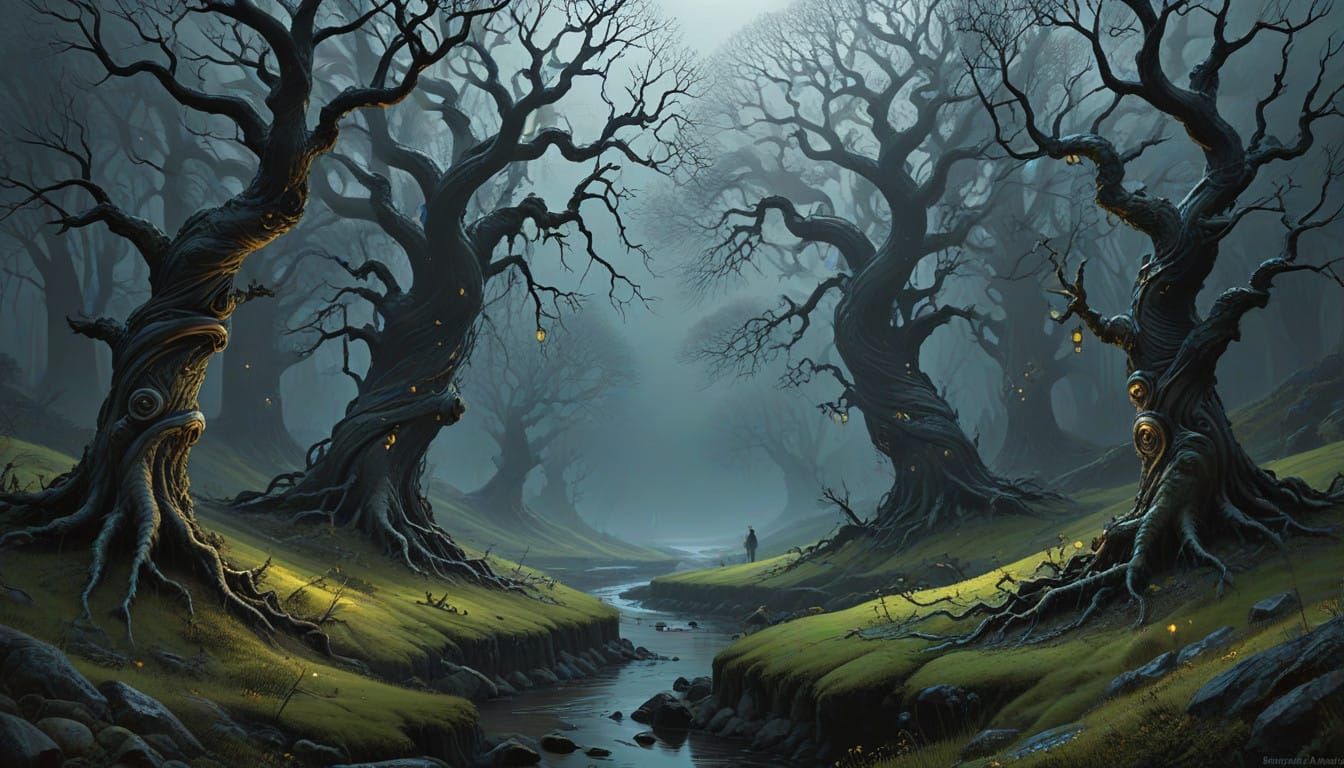 Twisted, Gnarled Trees in Dreamlike, Eerie Landscape