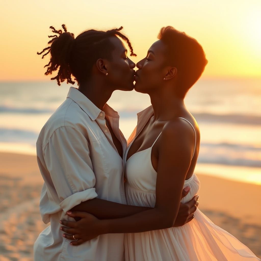 Romantic Sunset Beach Scene with Dark Skinned Couple