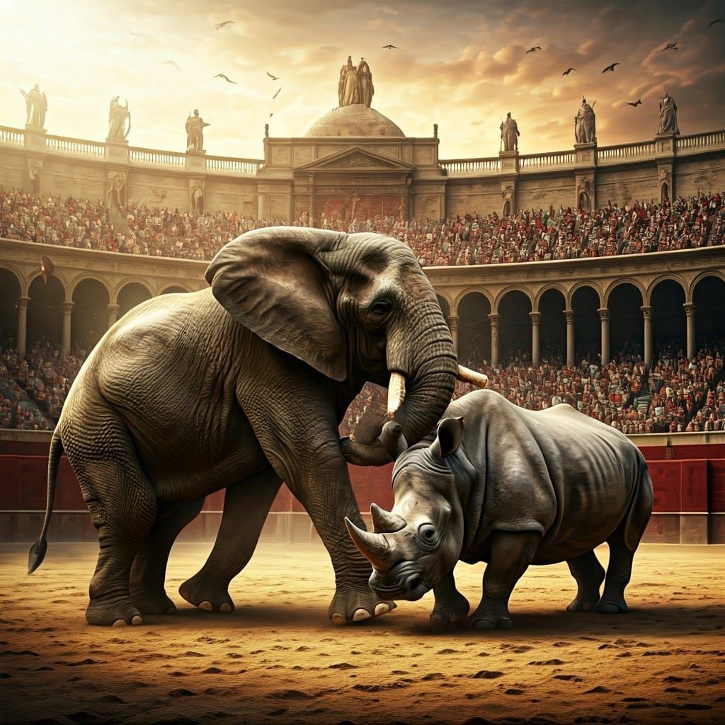 An elephant fighting and winning against a rhinoceros in a R...