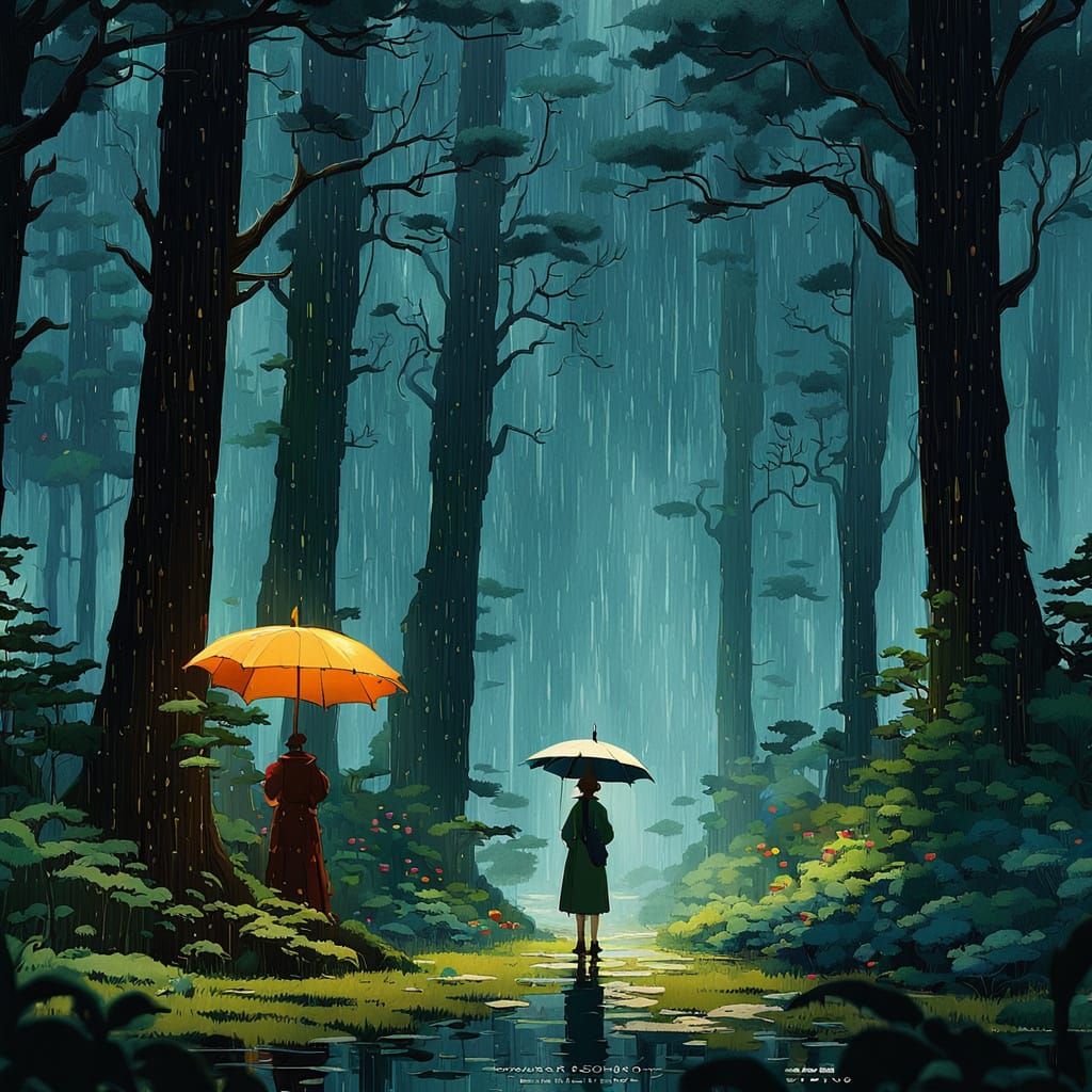 Girl in Rainy Forest, Anime Style