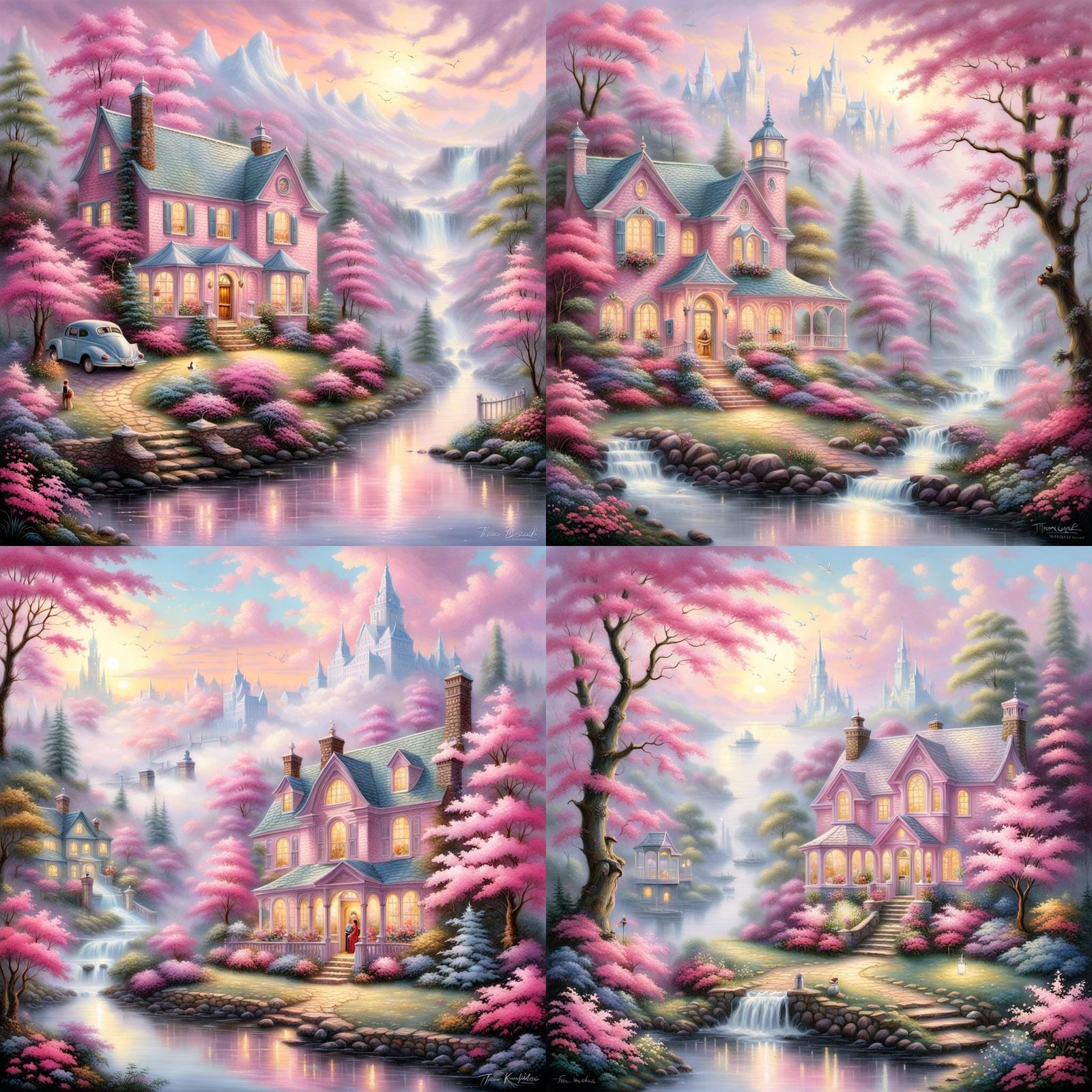 Ethereal Pink Fantasy Landscape in Kinkade Style