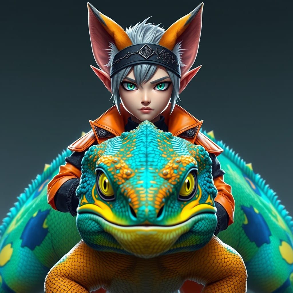 Gothic Warrior Halfling Seated on Majestic Chameleon